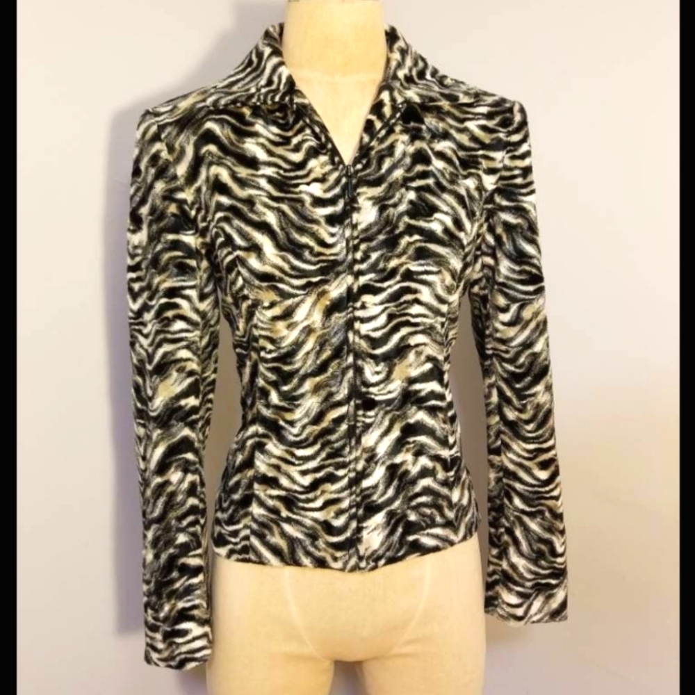 VINTAGE GIANCARLO FERRARI FAUX FUR JACKET BLACK & TAN TIGER ANIMAL PRINT BLAZER
